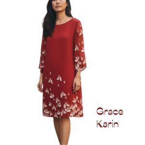 Grace Karin Sheer Red Cream Floral CottageCore Dress NWOT Size L